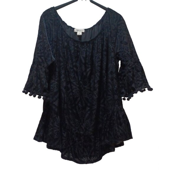 Womens Sheer Velvet Burnout Top Plus Size 0X Black Pom Pom Sleeve Boho Holiday - Picture 2 of 9
